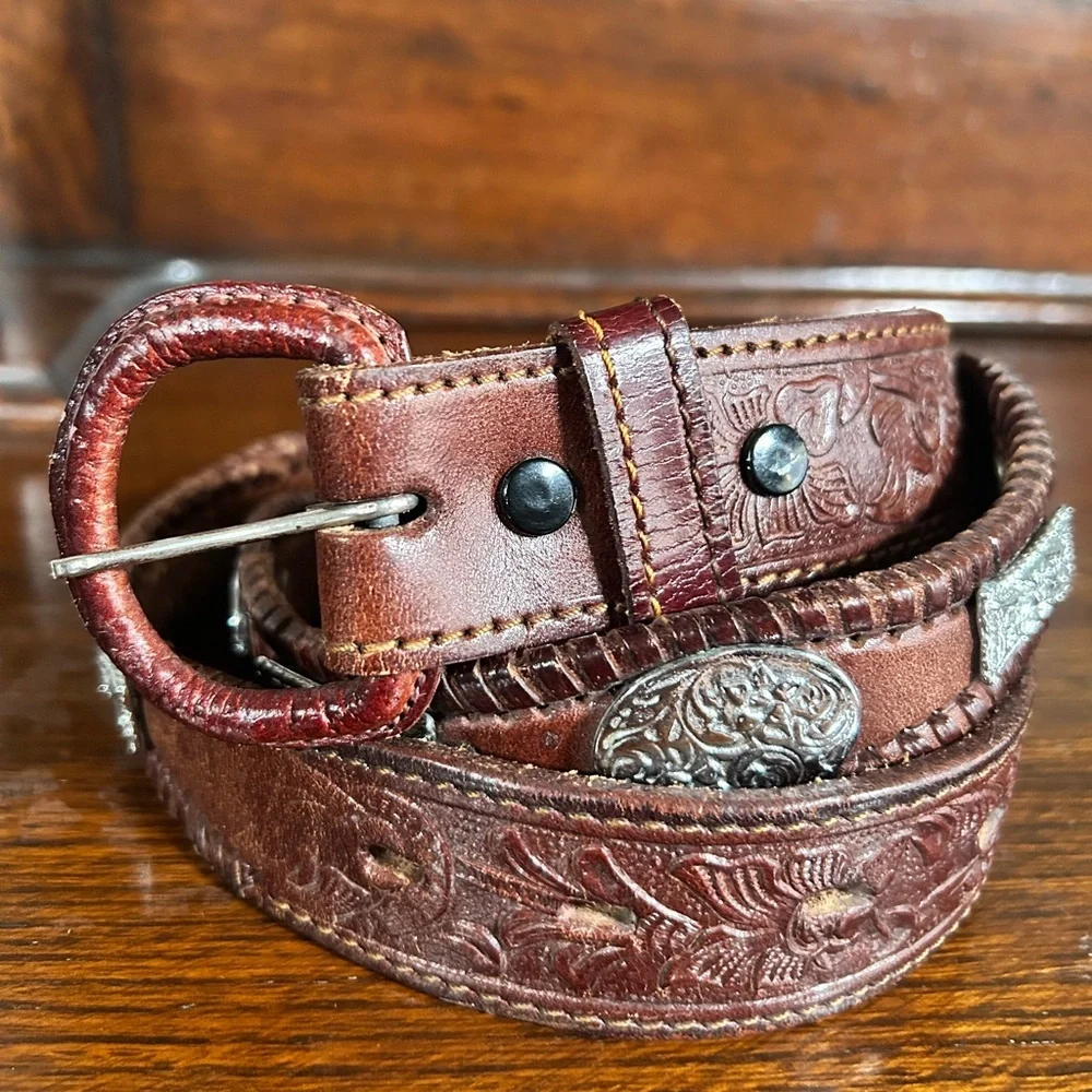 Western Brown Women's Hand Tooled thick leather belt with metal accents Sz.38/L